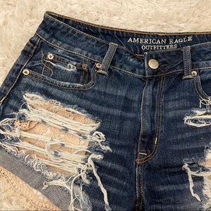 Distressed denim shorts crochet detail